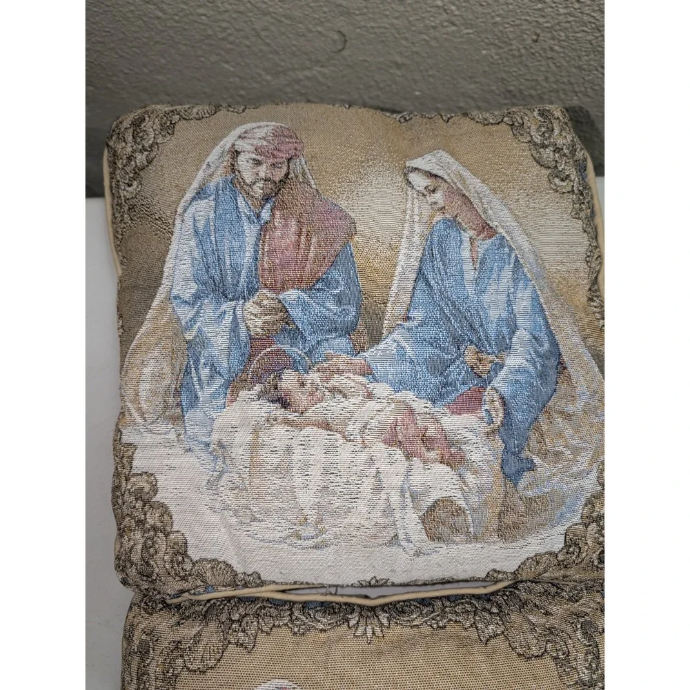 Vintage Needlepoint Religious Tapestry Pillow Mary Joseph Baby Jesus Set Of‎ Two
